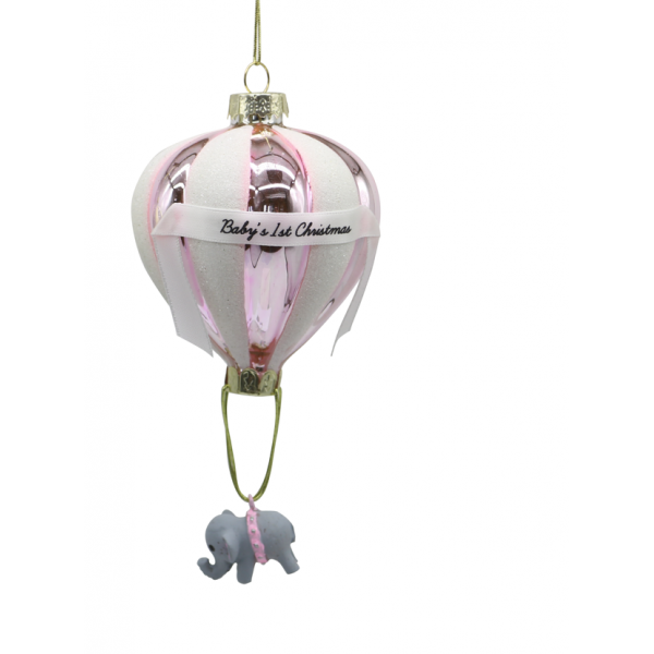 Χριστουγεννιάτικo Γυάλινo Αερόστατο με Ελεφαντάκι Ροζ (14cm)